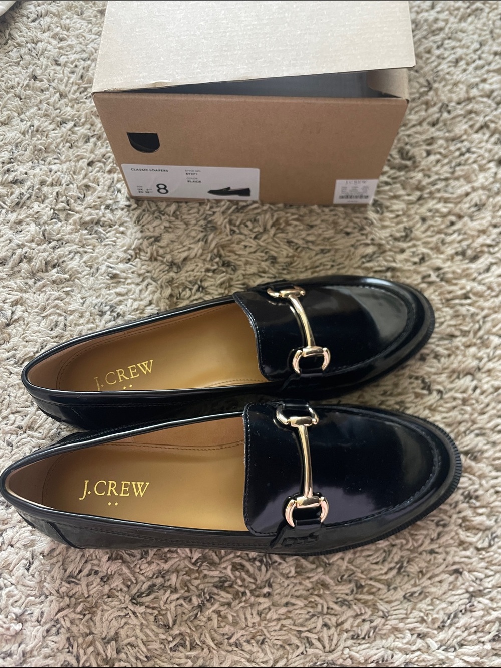 J. Crew Black Patent Loafers with Gold Bit